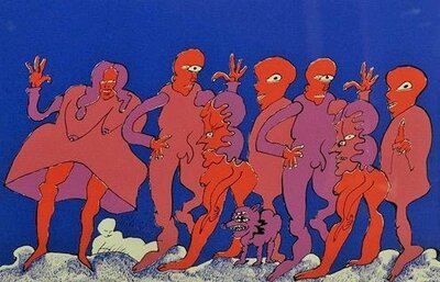 Lucebert, menneskegruppe mot blå bakgrunn (1971)